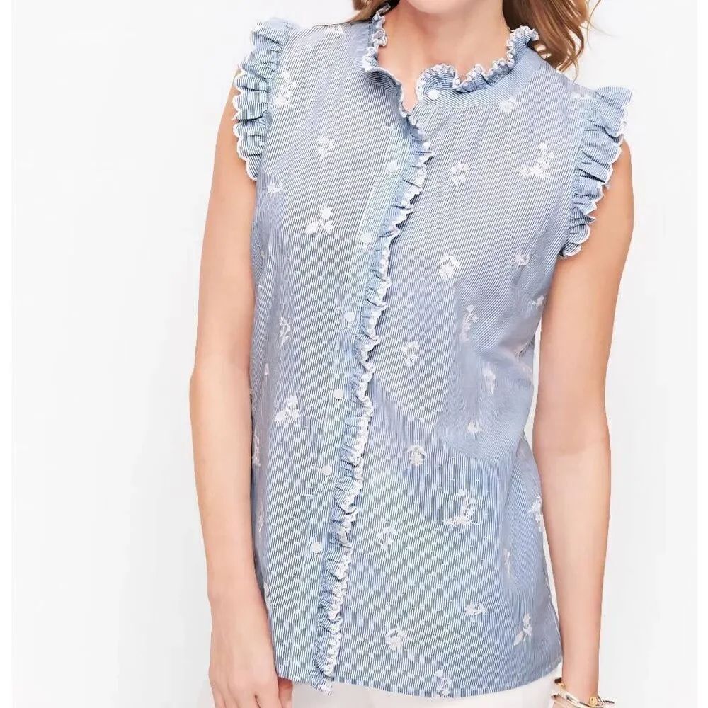 Talbots Blouse Women's Small Blue White Embroidered Floral Stripe Cotton Shell